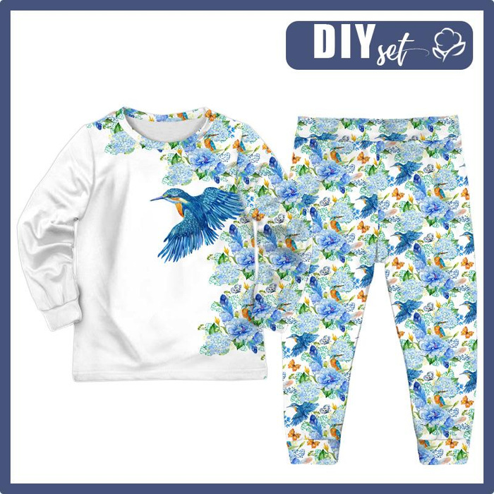 CHILDREN'S PAJAMAS " MIKI" - KINGFISHERS AND LILACS (KINGFISHERS IN THE MEADOW) - Elastic cotton knit fabric (110/116)