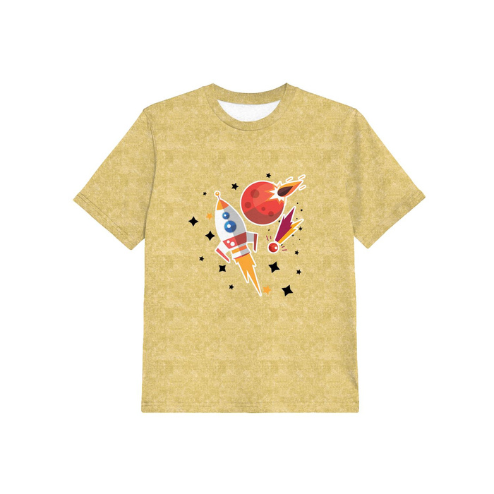 T-SHIRT DZIECIĘCY - RAKIETA I KOMETY (WYPRAWA W KOSMOS) / ACID WASH ZŁOTY - single jersey (104/110)
