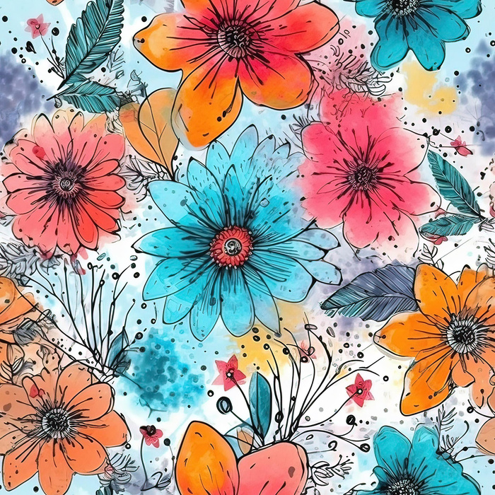WATER-COLOR FLOWERS pat. 5 - Cotton muslin