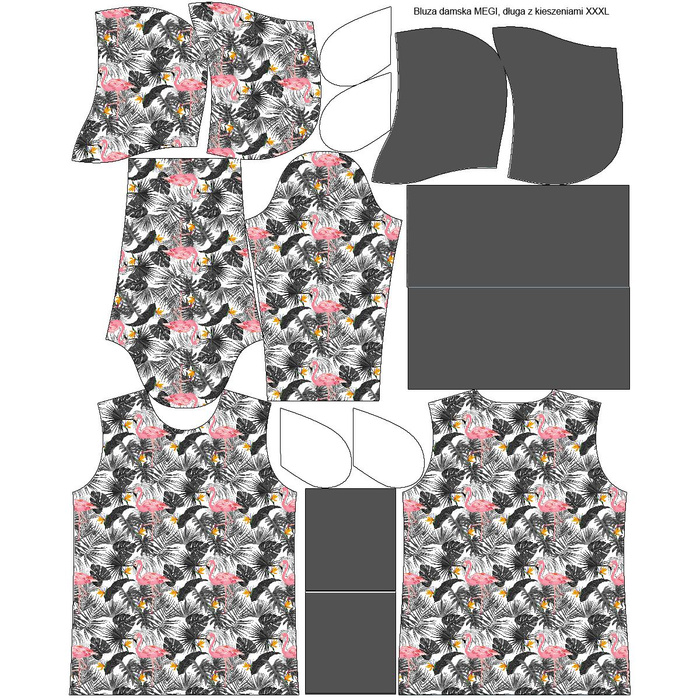 LONG WOMEN’S HOODIE (MEGI) - FLAMINGOS WITH LEAVES - looped knit fabric - M