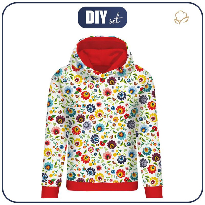 BLUZA DAMSKA (POLA) CLASSIC Z KAPTUREM - FOLK ŁOWICKI / biały - dzianina pętelkowa XXXL