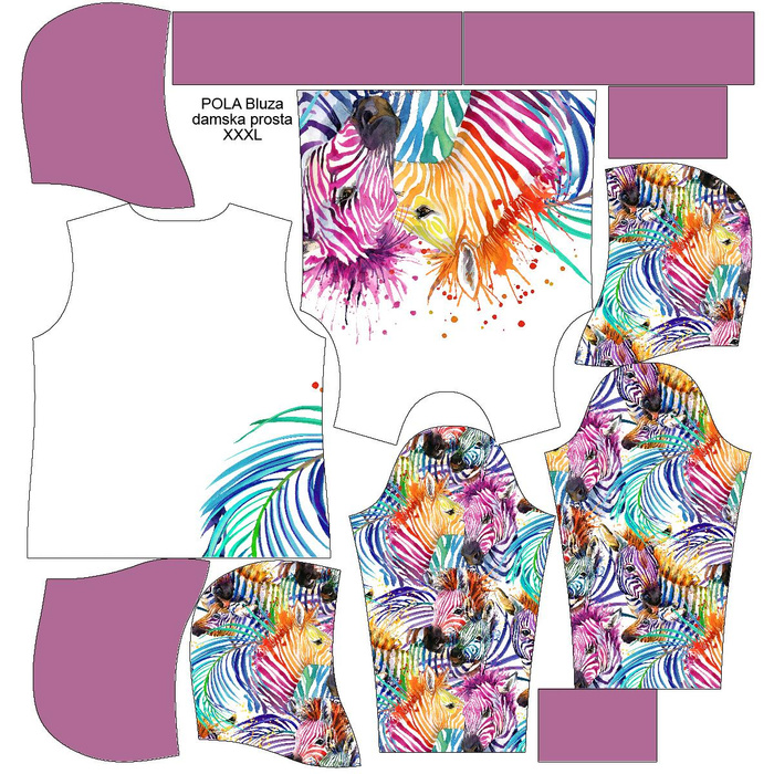 BLUZA DAMSKA (POLA) CLASSIC Z KAPTUREM - ZEBRY (tęczowy) - dzianina pętelkowa XXXL
