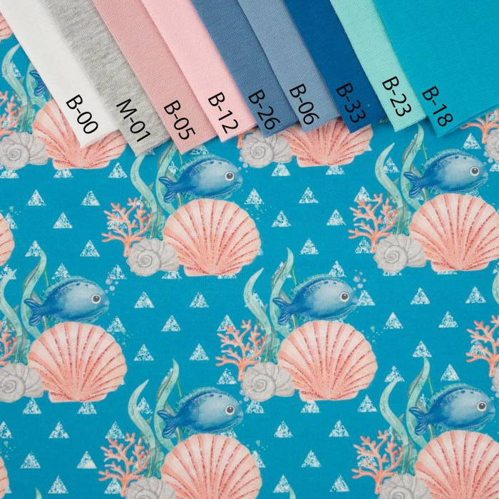 FISH AND SHELLS (MAGICAL OCEAN) / blue - Cotton woven fabric