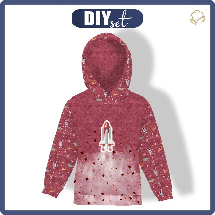 DZIECIĘCA BLUZA Z KAPTUREM (ALEX) - STATEK KOSMICZNY (WYPRAWA W KOSMOS) / ACID WASH BORDOWY - dzianina pętelkowa (110/116)
