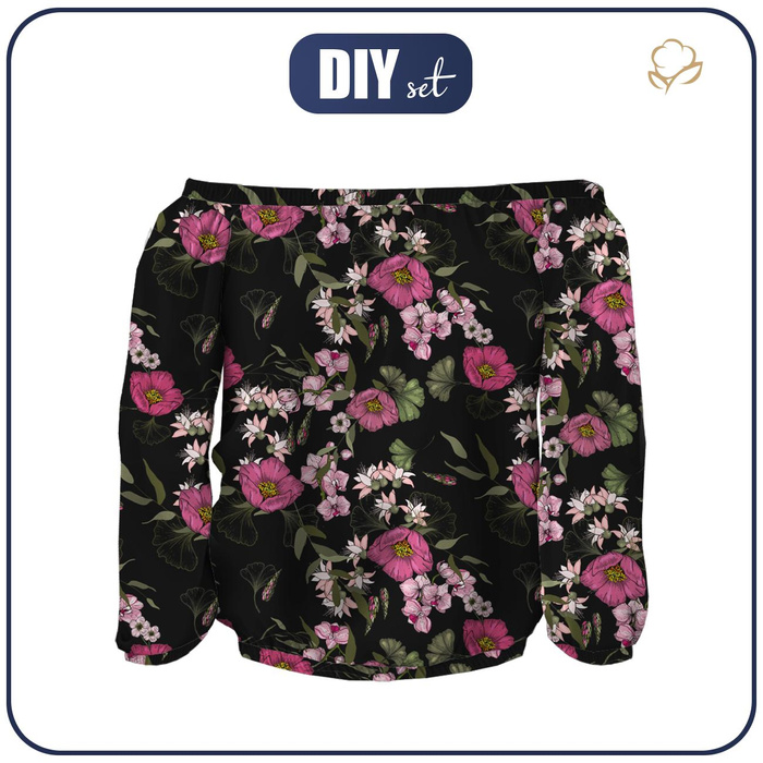 Bardot neckline blouse (SOFIA) - PINK FLOWERS PAT. 2 - sewing set XS