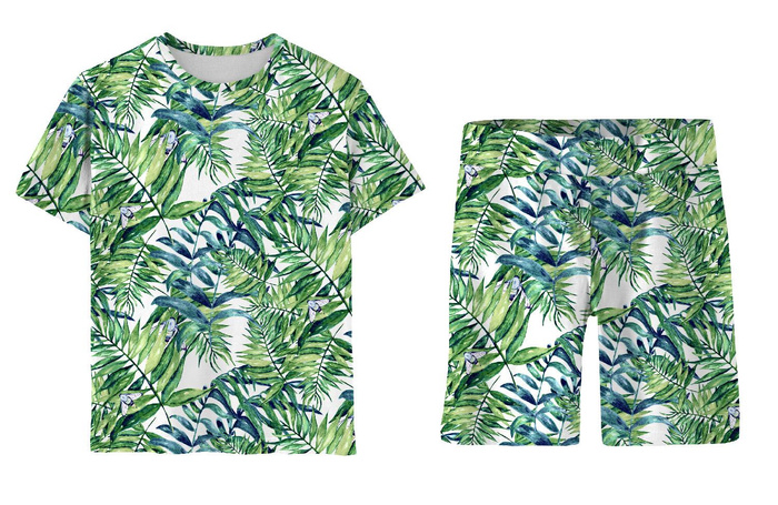 CHILDREN'S PAJAMAS "ADA" - MINI LEAVES AND INSECTS PAT. 6 (TROPICAL NATURE) / white - Bamboo Single Jersey with elastan (122/128)