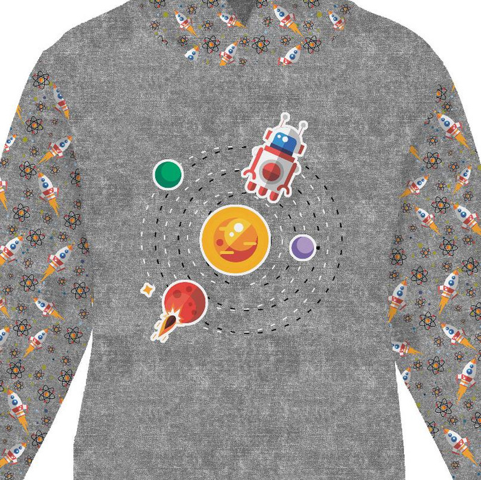 DZIECIĘCA BLUZA Z KAPTUREM (ALEX) - UKŁAD SŁONECZNY (WYPRAWA W KOSMOS) / ACID WASH SZARY - dzianina pętelkowa (110/116)