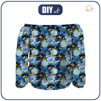 Bardot neckline blouse (SOFIA) - KINGFISHERS AND LILACS (KINGFISHERS IN THE MEADOW) / navy - sewing set XXL