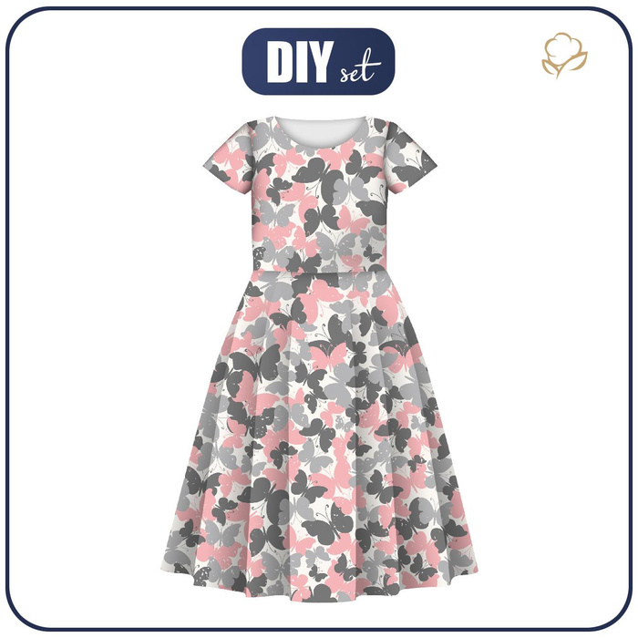 KINDER KLEID "MIA" - SCHMETTERLINGE / rosa - Nähset (122/128)