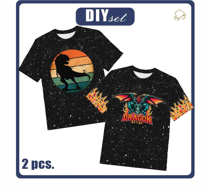 2-PACK - KINDER T-SHIRT - DRAGON / schwarz - Nähset (128/134)