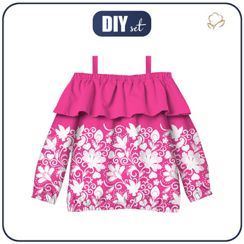 Carmenausschnitt Bluse (VIKI) - BLUMEN (Motiv 2 weiß) / fuchsia - Nähset - 146-152