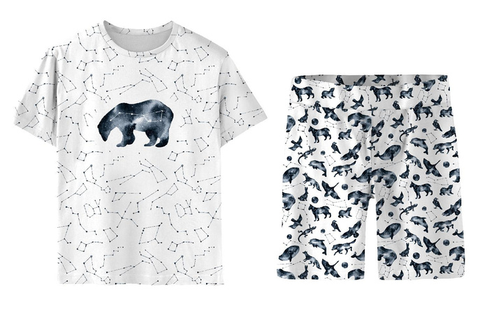 CHILDREN'S PAJAMAS "ADA" - BEAR / constellations - Elastic cotton knit fabric (122/128)