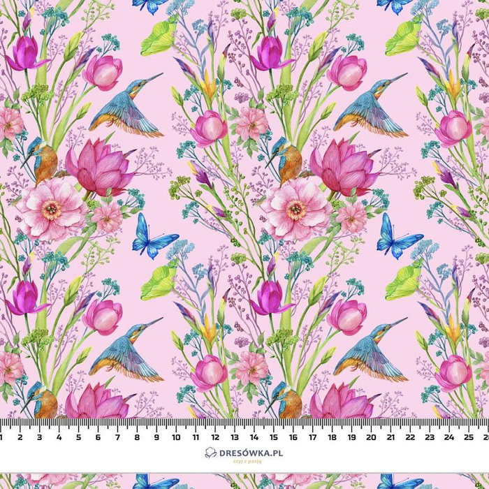 MINI KINGFISHERS AND BUTTERFLIES (KINGFISHERS IN THE MEADOW) / pink - Cotton woven fabric