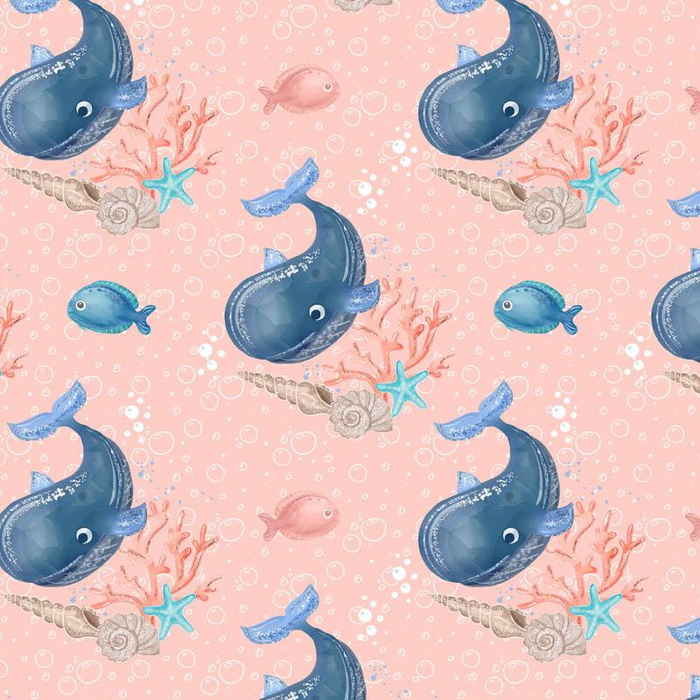 WHALES / bubbles (MAGICAL OCEAN) / pink - Cotton woven fabric