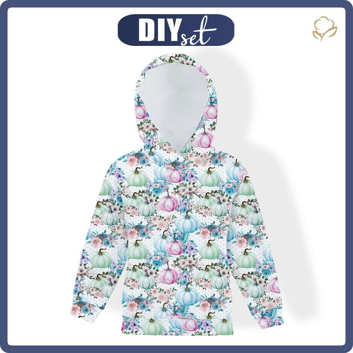 KIDS HOODIE - PUMPKINS AND FLOWERS pat. 3 (PUMPKIN GARDEN) - looped knit fabric (86/92)
