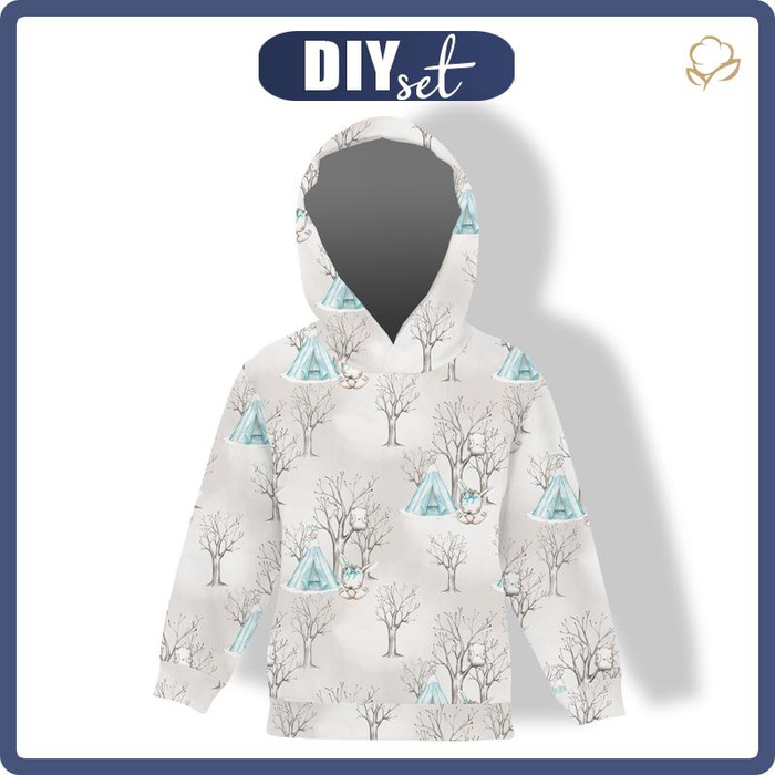 DZIECIĘCA BLUZA Z KAPTUREM (ALEX) - ZWIERZĄTKA W TIPI / DRZEWA (MAGICZNY ŚWIĄTECZNY LAS) - dzianina pętelkowa (134/140)