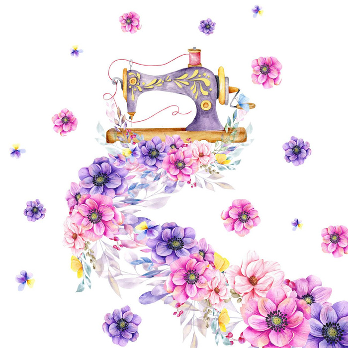 SEWING MACHINE AND FLOWERS - panel (75cm x 80cm) brushed knitwear with elastane ITY