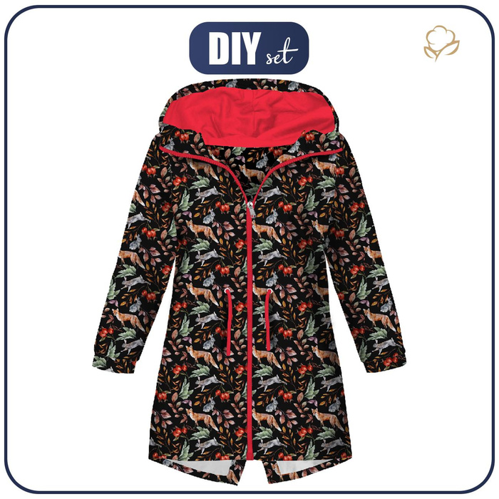 KIDS PARKA (ARIEL) - FOREST ANIMALS PAT. 2 / BLACK (COLORFUL AUTUMN) - softshell (110/116)