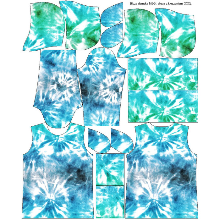 LONG WOMEN’S HOODIE (MEGI) - BATIK pat. 1 / blue - green - looped knit fabric - XXXL