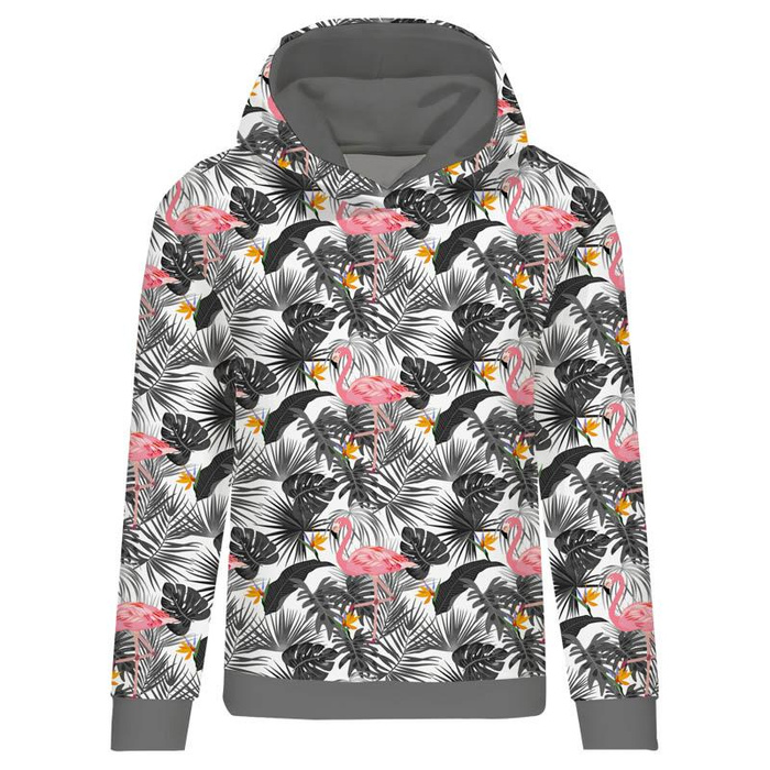 BLUZA DAMSKA (POLA) CLASSIC Z KAPTUREM - FLAMINGI W LIŚCIACH -  dzianina pętelkowa XXXL