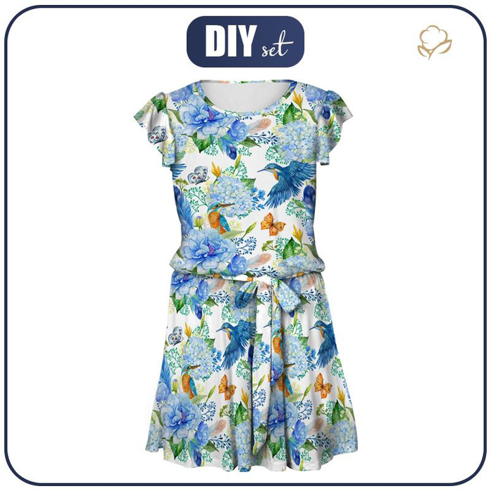 DRESS "EMMA" - KINGFISHERS AND LILACS (KINGFISHERS IN THE MEADOW) / white - Viscose jersey with elastane XL