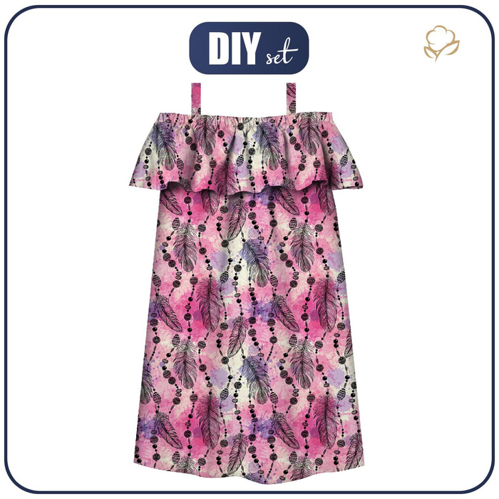 Bardot šaty (LILI) - RŮŽOVÁ PEŘÍČKA A KORÁLKY - Sada šití - 98-104