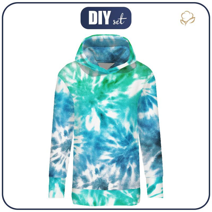 BLUZA DAMSKA (MEGI) - DŁUGA Z KAPTUREM - BATIK wz. 1 / niebiesko-zielony - dzianina pętelkowa - M