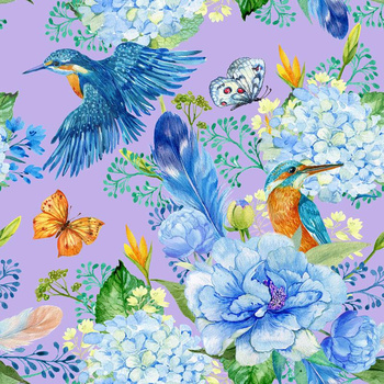 KINGFISHERS AND LILACS (KINGFISHERS IN THE MEADOW) / lilac - Cotton woven fabric