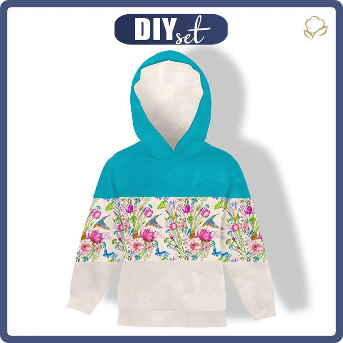 KID'S HOODIE (ALEX) - KINGFISHERS (KINGFISHERS IN THE MEADOW) / STRIPES - looped knit fabric (110/116)