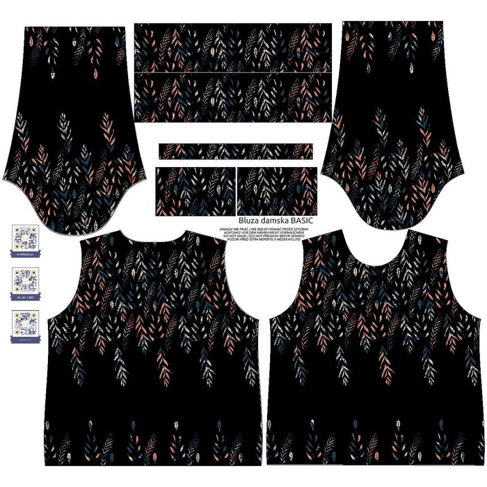 WOMEN'S SWEATSHIRT (HANA) BASIC - LEAVES PAT. 3 / BLACK - looped knit fabric ITY S