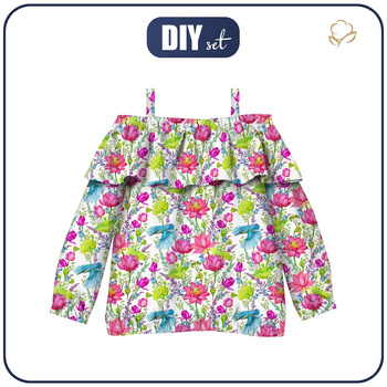 Carmenausschnitt Bluse (VIKI) - EISVÖGEL UND MOHNBLUMEN (EISVÖGEL AUF DER WIESE) / weiß - Nähset