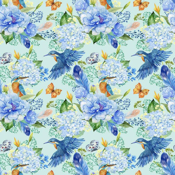 MINI KINGFISHERS AND LILACS (KINGFISHERS IN THE MEADOW) / light blue - Waterproof woven fabric
