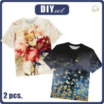 2-PACK - KID’S T-SHIRT - BUTTERFLIES / WATERCOLOR FLOWERS pat. 5  - sewing set (152/158)