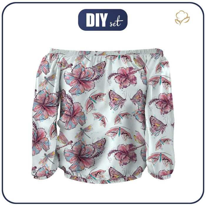 Carmenausschnitt Bluse SOFIA - HIBISKUS UND SCHMETTERLINGE - Nähset XL