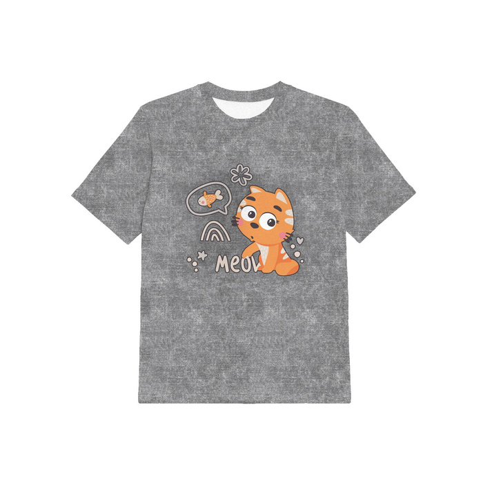 T-SHIRT DZIECIĘCY - KOTY / meow (KOCI ŚWIAT) / ACID WASH SZARY - single jersey (116/122)