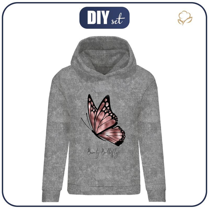 BLUZA DAMSKA (POLA) CLASSIC Z KAPTUREM - BEAUTY BUTTERFLY (BROKATOWE MOTYLE) / ACID WASH SZARY -  dzianina pętelkowa - M