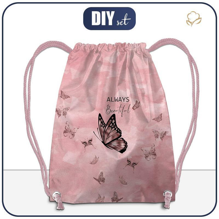 GYM BAG - ALWAYS BEAUTIFUL (GLITTER BUTTERFLIES) / CAMOUFLAGE pat. 2 (rose quartz) - sewing set
