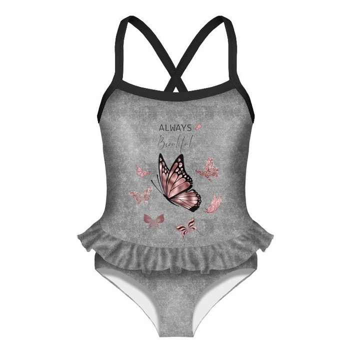 Mädchen Badeanzug - ALWAYS BEAUTIFUL (GLITTER SCHMETTERLINGE) / ACID WASH GRAU 146-152
