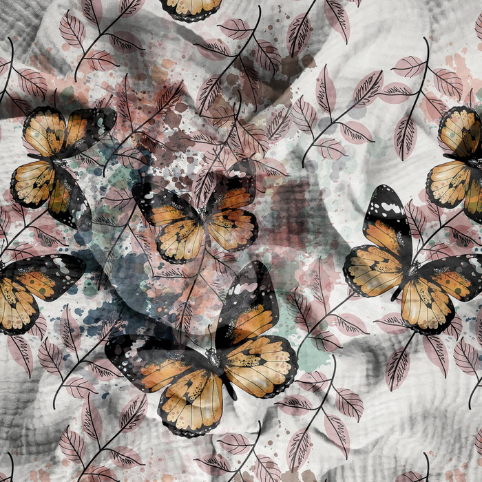 Butterfly & Flowers wz.13 - Muślin bawełniany