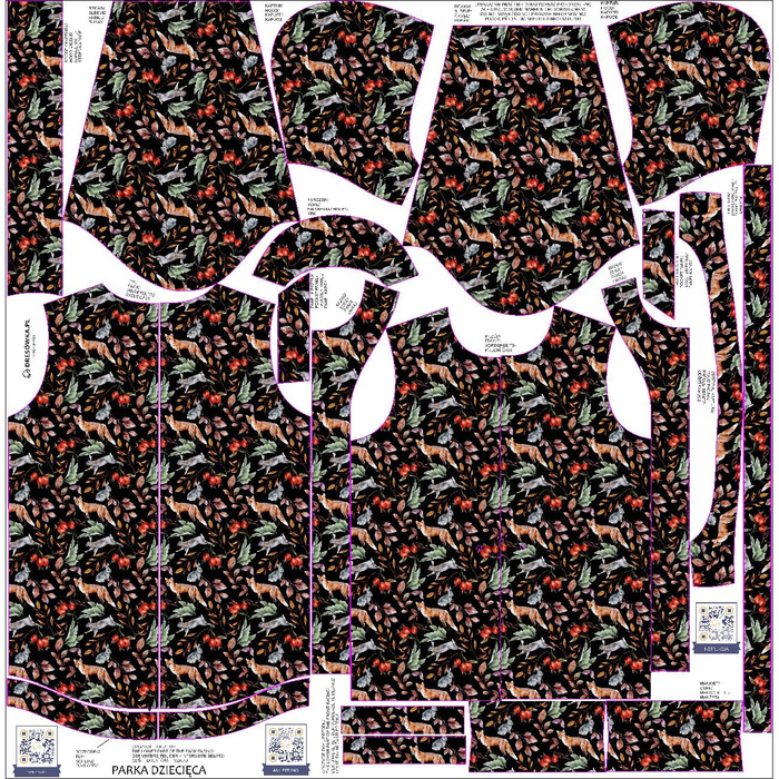 KIDS PARKA (ARIEL) - FOREST ANIMALS PAT. 2 / BLACK (COLORFUL AUTUMN) - softshell (110/116)