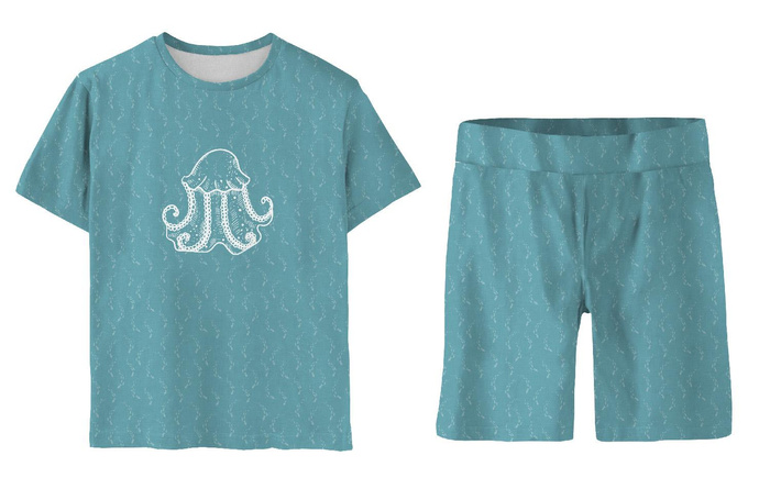 KINDERPYJAMA "ADA" - QUALLEN / FISCHSCHWARM (BLAUER PLANET) - Bambus-Single Jersey mit Elastan (110/116)