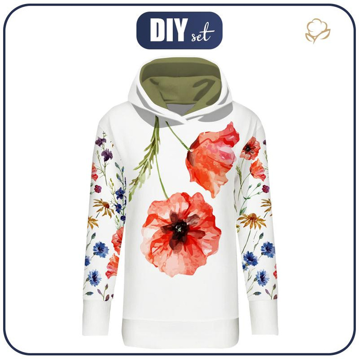 BLUZA DAMSKA (MEGI) - DŁUGA Z KAPTUREM - POLNE KWIATY wz. 2 - dzianina pętelkowa L