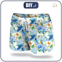 Women’s boardshorts - KINGFISHERS AND LILACS (KINGFISHERS IN THE MEADOW) / white - sewing set