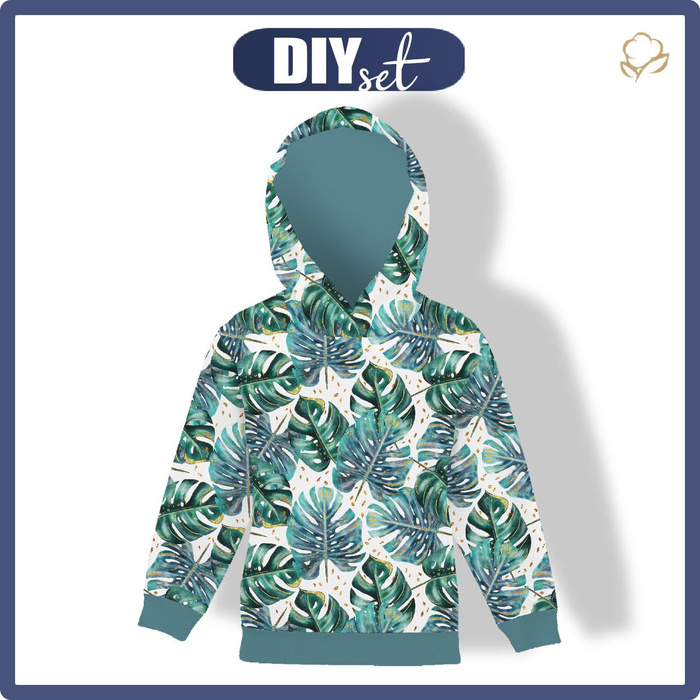 KID'S HOODIE (ALEX) - MONSTERA pat. 4 / white - sewing set (98/104)