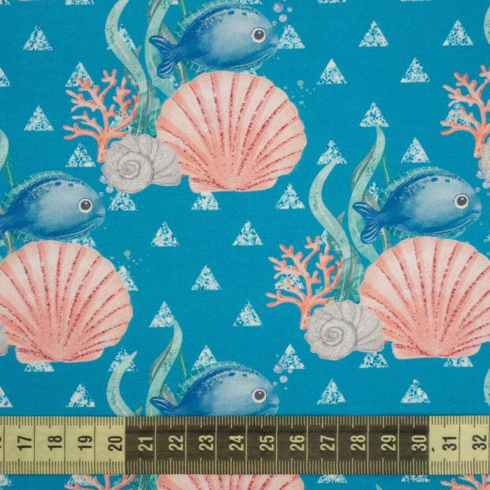 FISH AND SHELLS (MAGICAL OCEAN) / blue - Cotton woven fabric