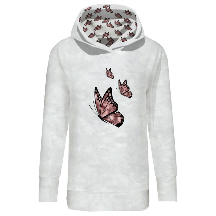 LONG WOMEN’S HOODIE (MEGI) - BUTTERFLY pat. 3 (GLITTER BUTTERFLIES) - looped knit fabric - L