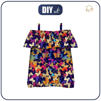 Bardot neckline blouse (SARA) - BUTTERFLIES / colorful - sewing set - 146-152