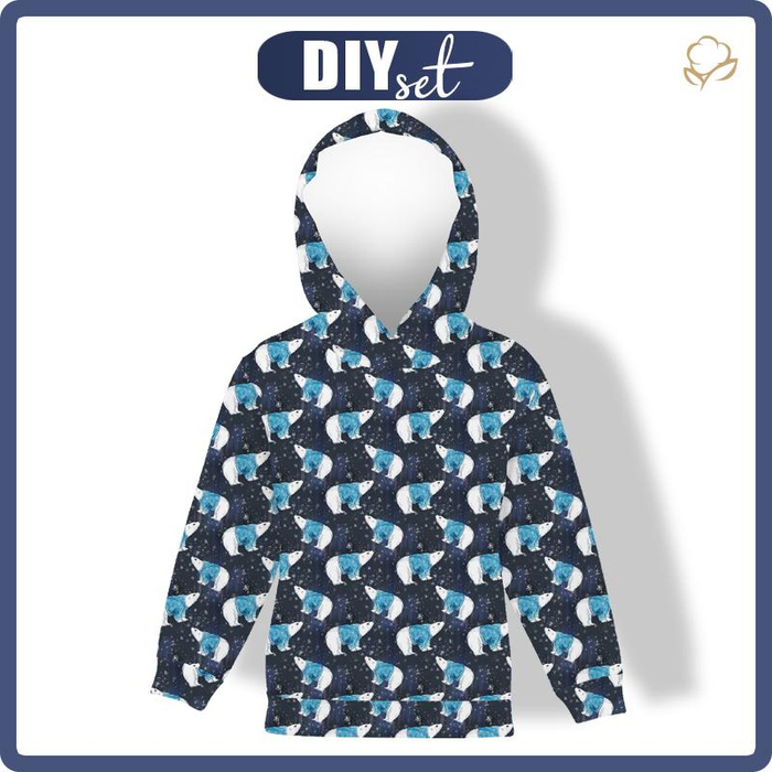DZIECIĘCA BLUZA Z KAPTUREM (ALEX) - BIAŁE MISIE W SWETERKACH / navy (ZACZAROWANA ZIMA) - dzianina pętelkowa (110/116)