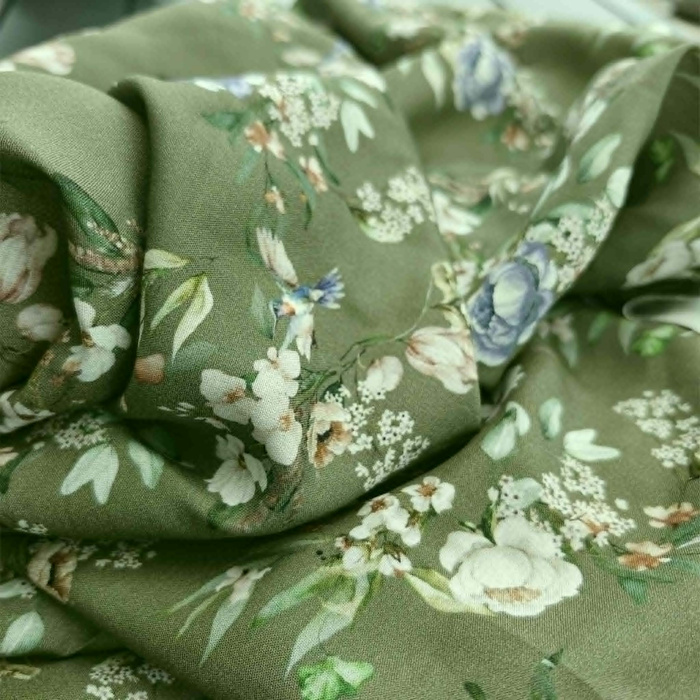 FLOWERS / Olive - Viskose Webware