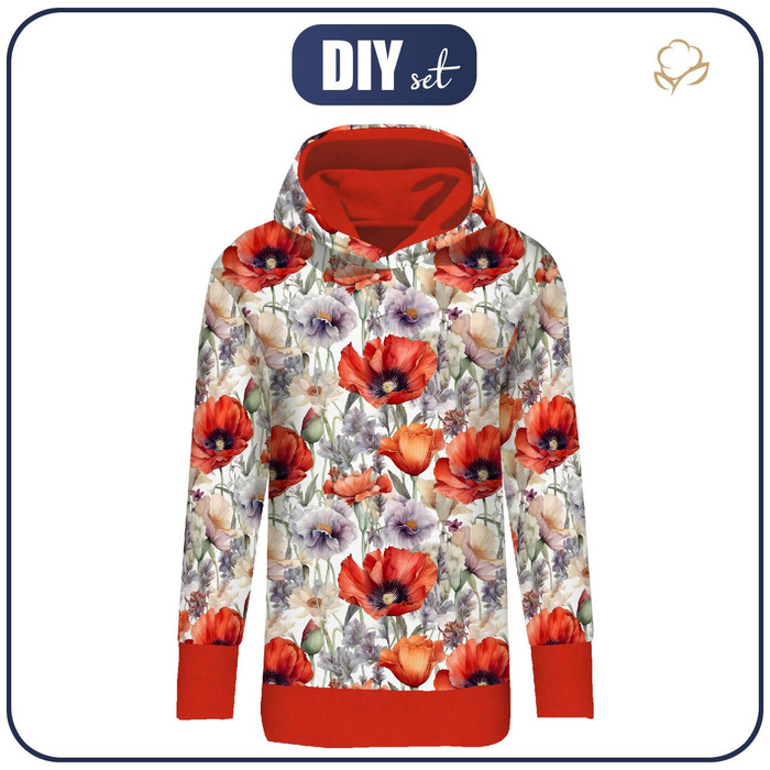 LONG WOMEN’S HOODIE (MEGI) - POPPIES pat. 5 - looped knit fabric - L